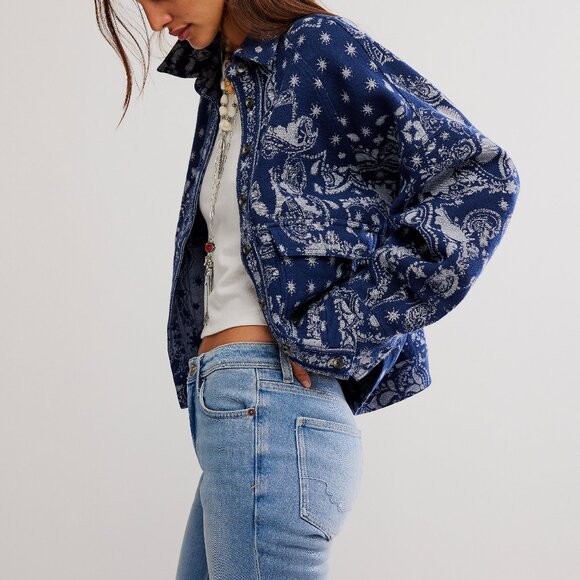 🆕 FREE PEOPLE Bandana Jacquard Shirt Jacket / Indigo Combo - Picture 2 of 6